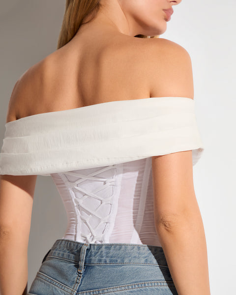kiyknows Off shoulder bustier ホワイト Handmade White Silk Corset – Off-shoulder Lace-up Bridal