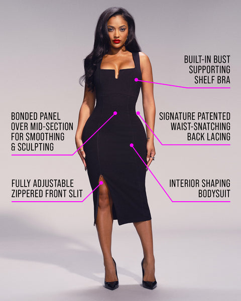 Notchy Pencil Front Slit Shapewear Dress - Black | TA3