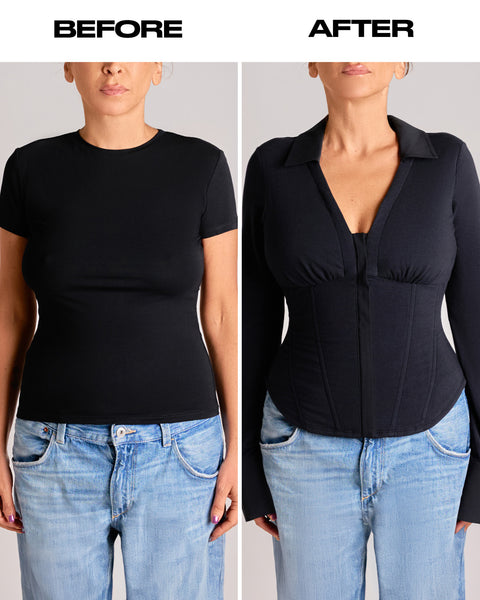 Shirty Long Sleeve Shapewear Top - Black | TA3