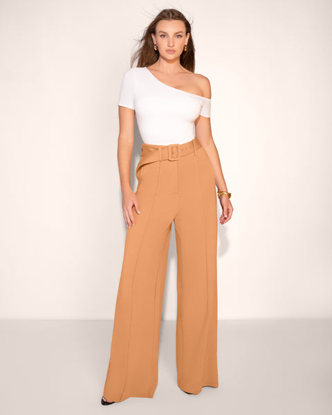 Belted Wide Leg High-Waist Ponte Pant - Camel | TA3