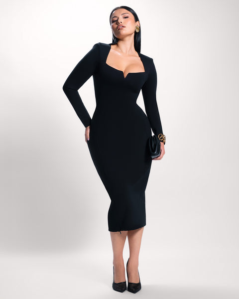 Notchy Long Sleeve Midi Shapewear Dress - Black | TA3