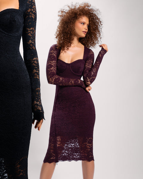 TA3 Seamed Lushy Long Sleeve Midi Dress - Lace Garnet - S - Shapewear Dress