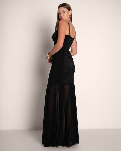 Vixen Seamed Flare Maxi Sleeveless Dress - Lace Black | TA3