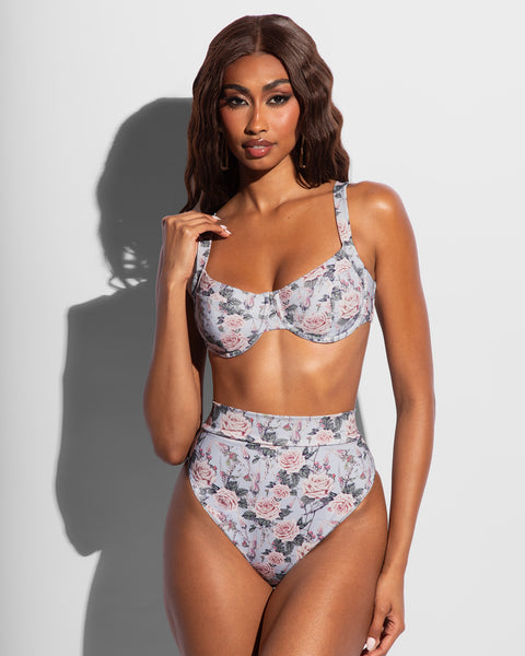 Underwire Tie Back Lifting Bikini Top - Blue Thorny Rose | TA3