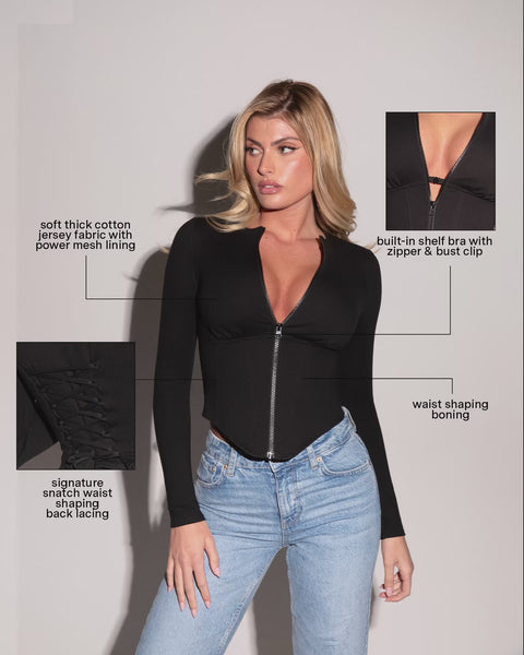 トップス theredthread corset fit tops bk wh Corsety Square Neck Long Sleeve Sculpting Shapewear Top - Black | TA3