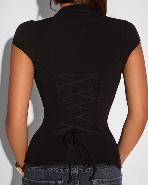 Shapey Ruched Short Sleeve Built-In Shapewear Top - Black | TA3