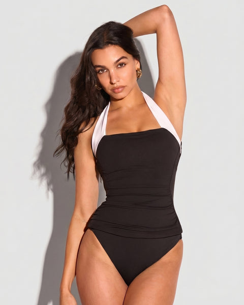 TA3 Ruched Square Neck Tankini - Black/White - 3X
