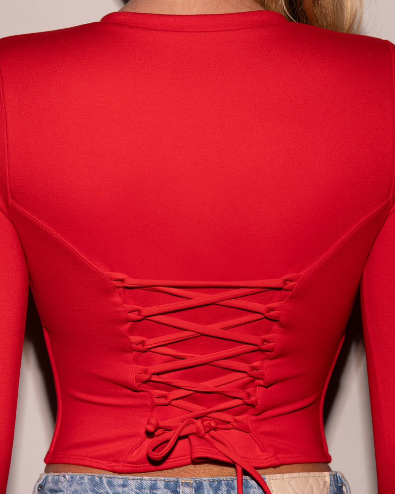 Long Sleeve Corsety Top - Red