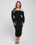 Model size XL wears Shapey Off Shoulder Ruched Midi Shapewear Dress - Black full front vew