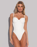 Model wears Hi Cut Lushy Underwire One Piece Shapewear Swimsuit - White front view