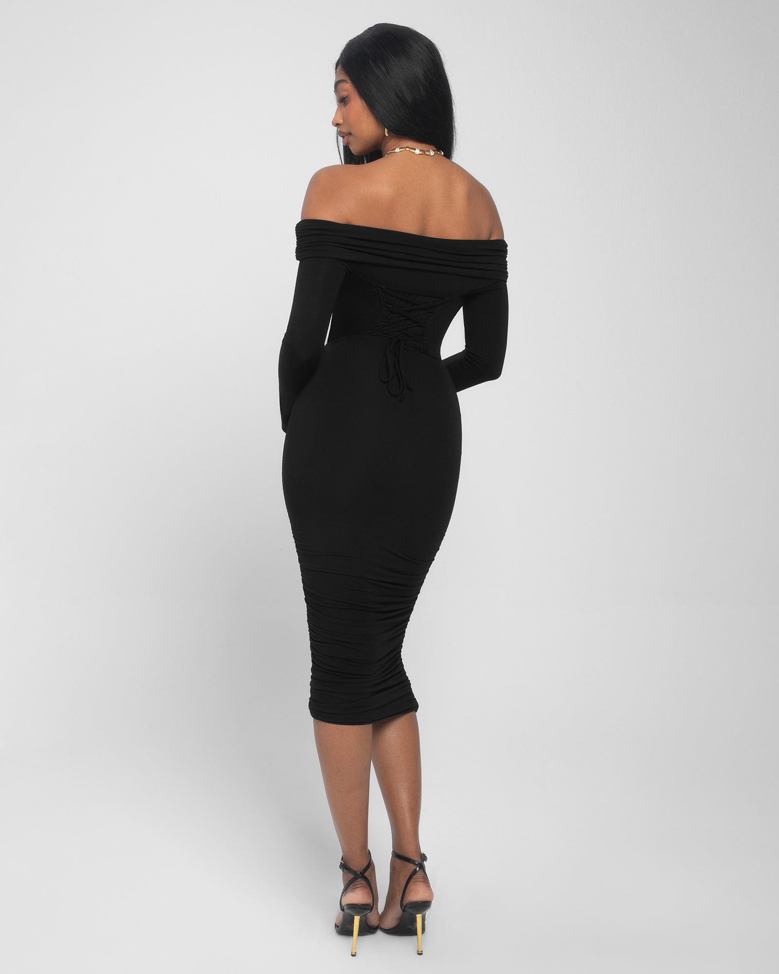 Shapey Off Shoulder Ruched Midi Shapewear Dress - Black | TA3
