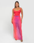 Ruched Sheer Maxi Skirty - Hot Coral / Pink Ombre