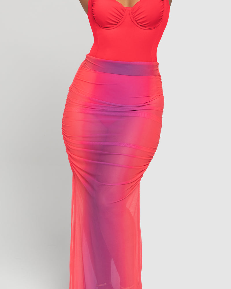 Ruched Sheer Maxi Skirty - Hot Coral / Pink Ombre