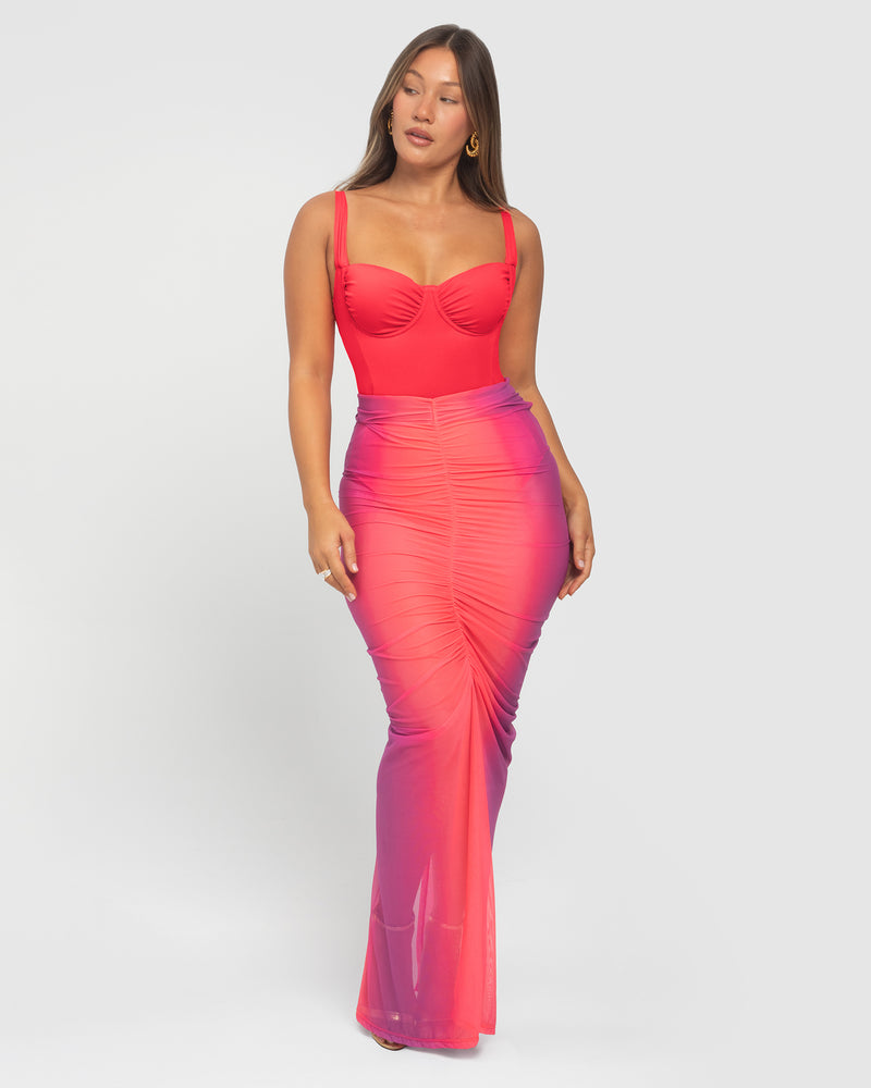 Ruched Sheer Maxi Skirty - Hot Coral / Pink Ombre