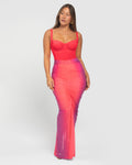 Ruched Sheer Maxi Skirty - Hot Coral / Pink Ombre
