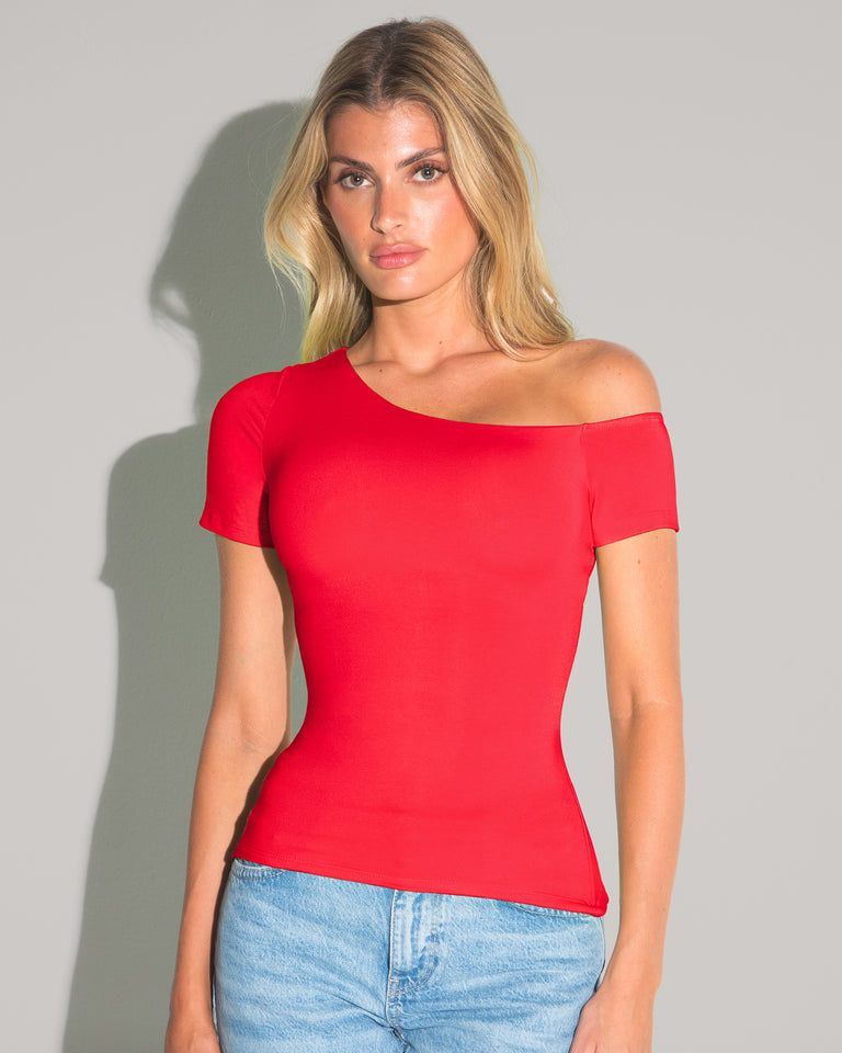 Shapey Short Sleeve One Shoulder Top - Red