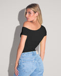 Model wears Shapey Short Sleeve One Shoulder Shapewear Top - Black back view