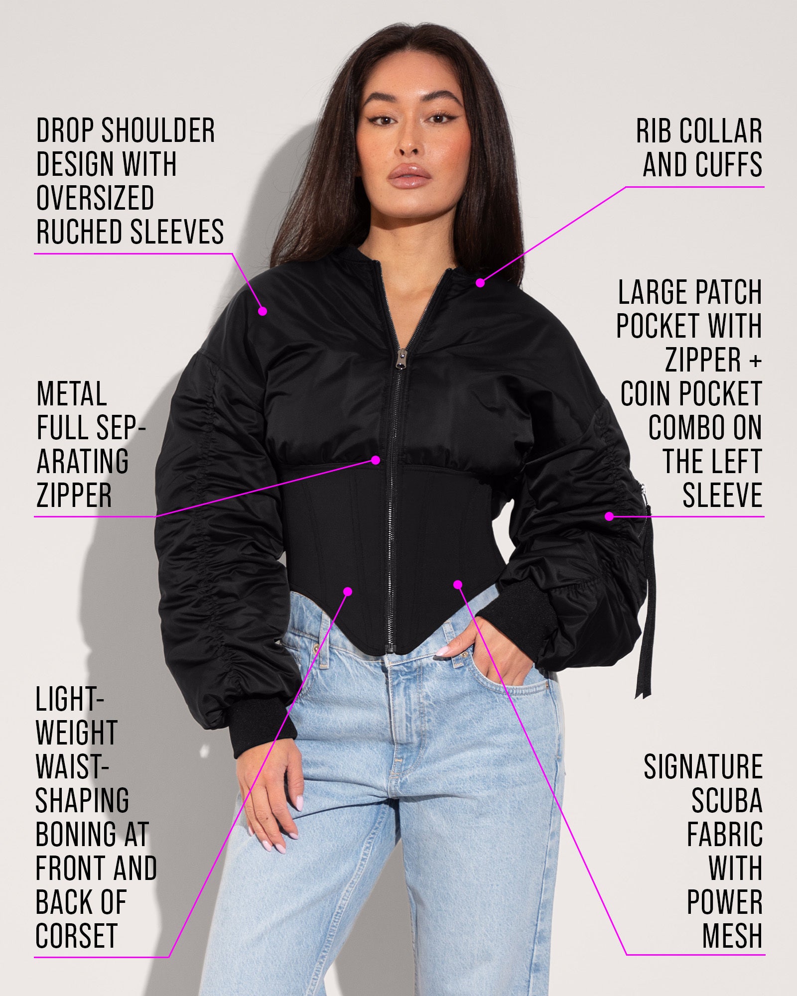 Corsety Bomber Zipper Front Waist Shaping Jacket - Black | TA3