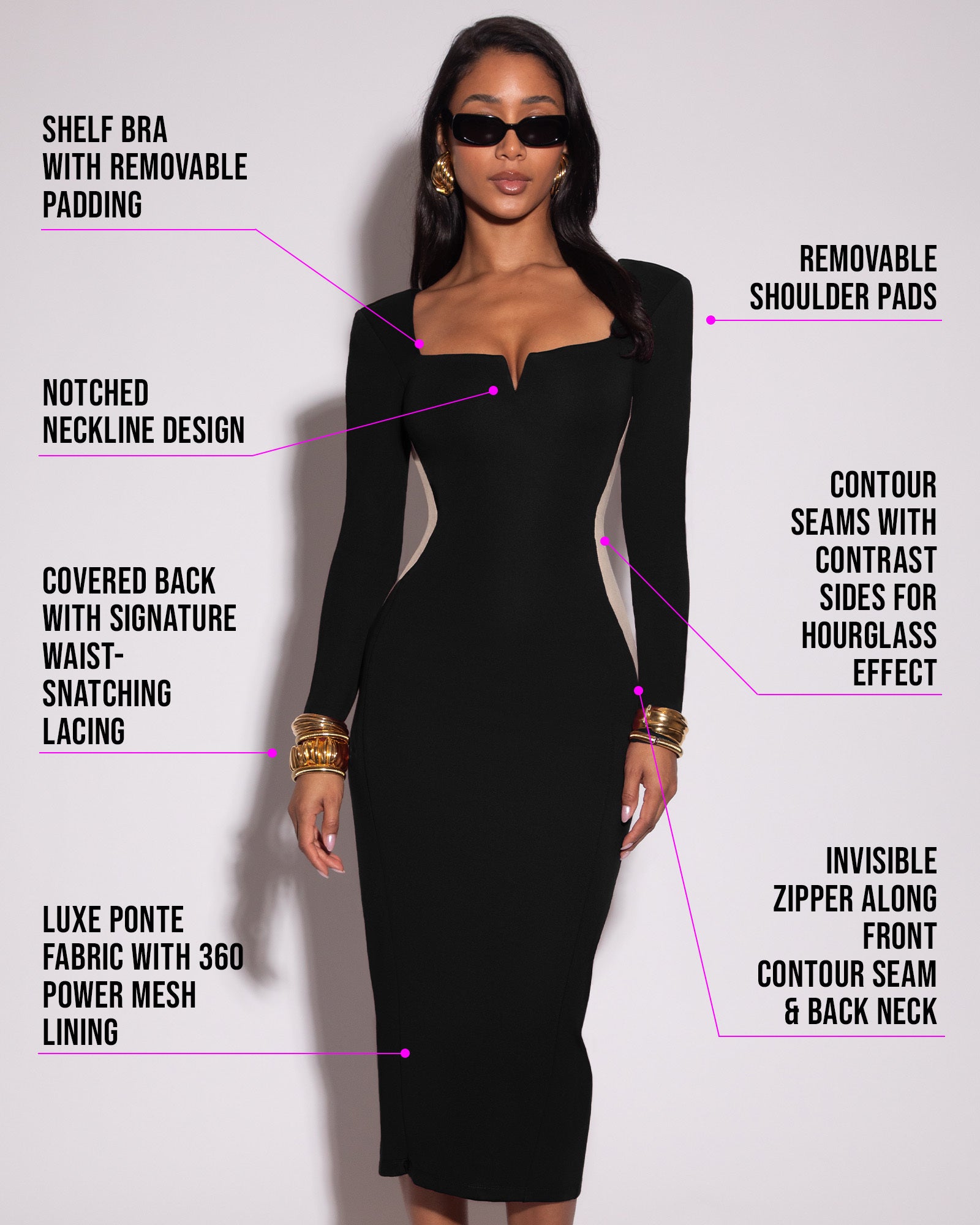 Notchy Long Sleeve Midi Shapewear Dress - Contour Black/Oat | TA3
