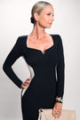 Detail shot of Notchy Long Sleeve Midi Dress - Contour Black/Oat