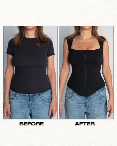 before and after of Corsety Square Neck Sleeveless Sculpting Shapewear Top - Black