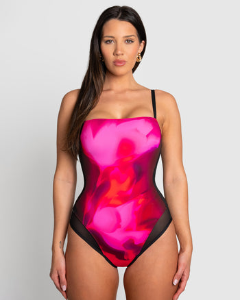 Model wears Squarey Thin Strap Shapewear Swimsuit - Contour Hyperfloral/Black