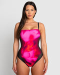 Model wears Squarey Thin Strap Shapewear Swimsuit - Contour Hyperfloral/Black