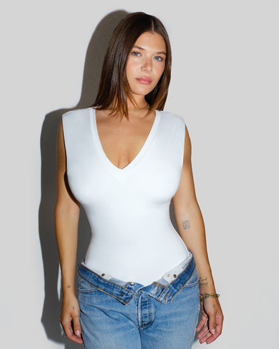 Shapey Short Sleeve V-neck Top - White