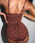 Model is in Lushy Hipster Full Coverage Tummy Control Shapewear Swimsuit - Modern Leopard back view close up