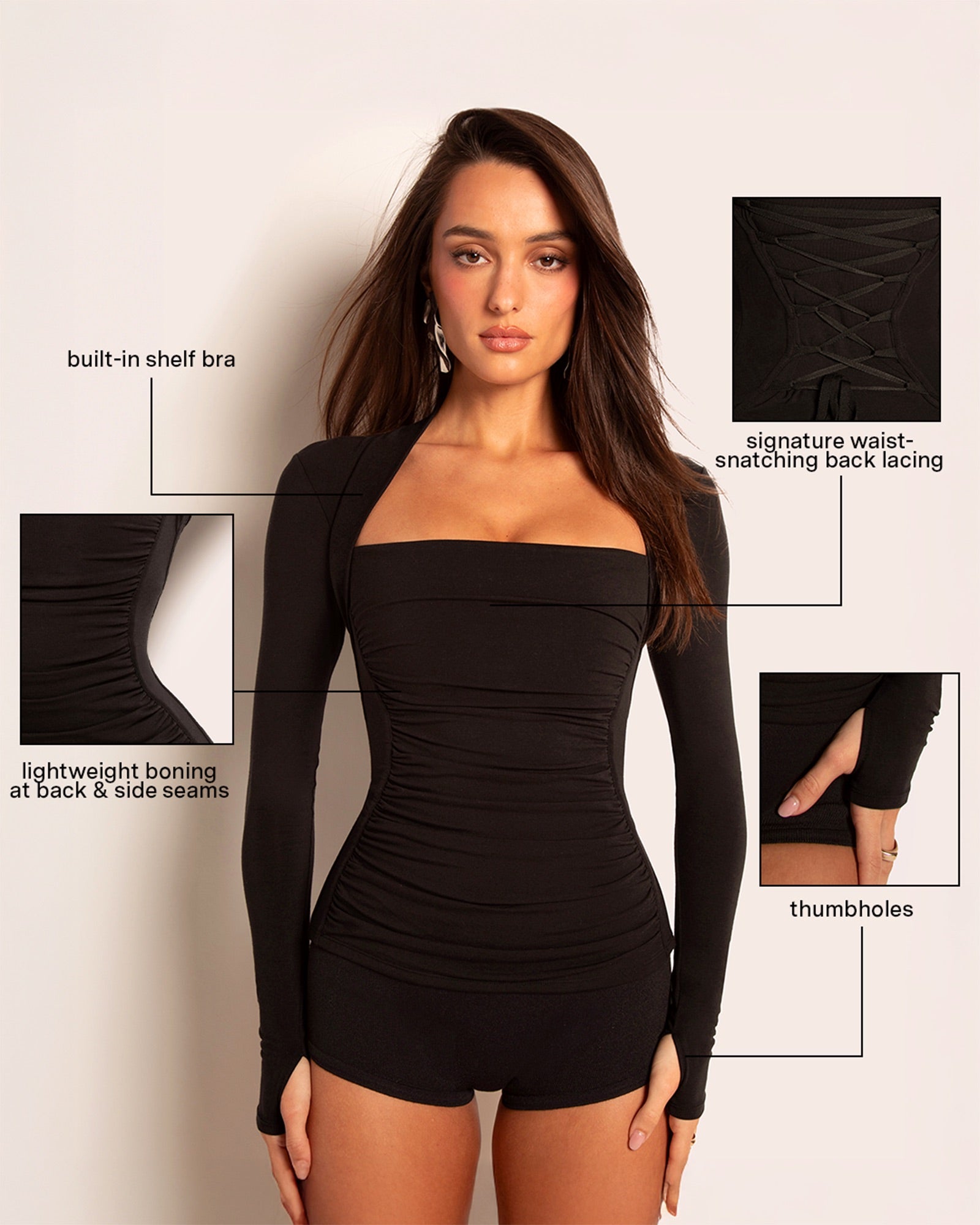 Shapey Ruched Long Sleeve Shapewear Top - Black | TA3