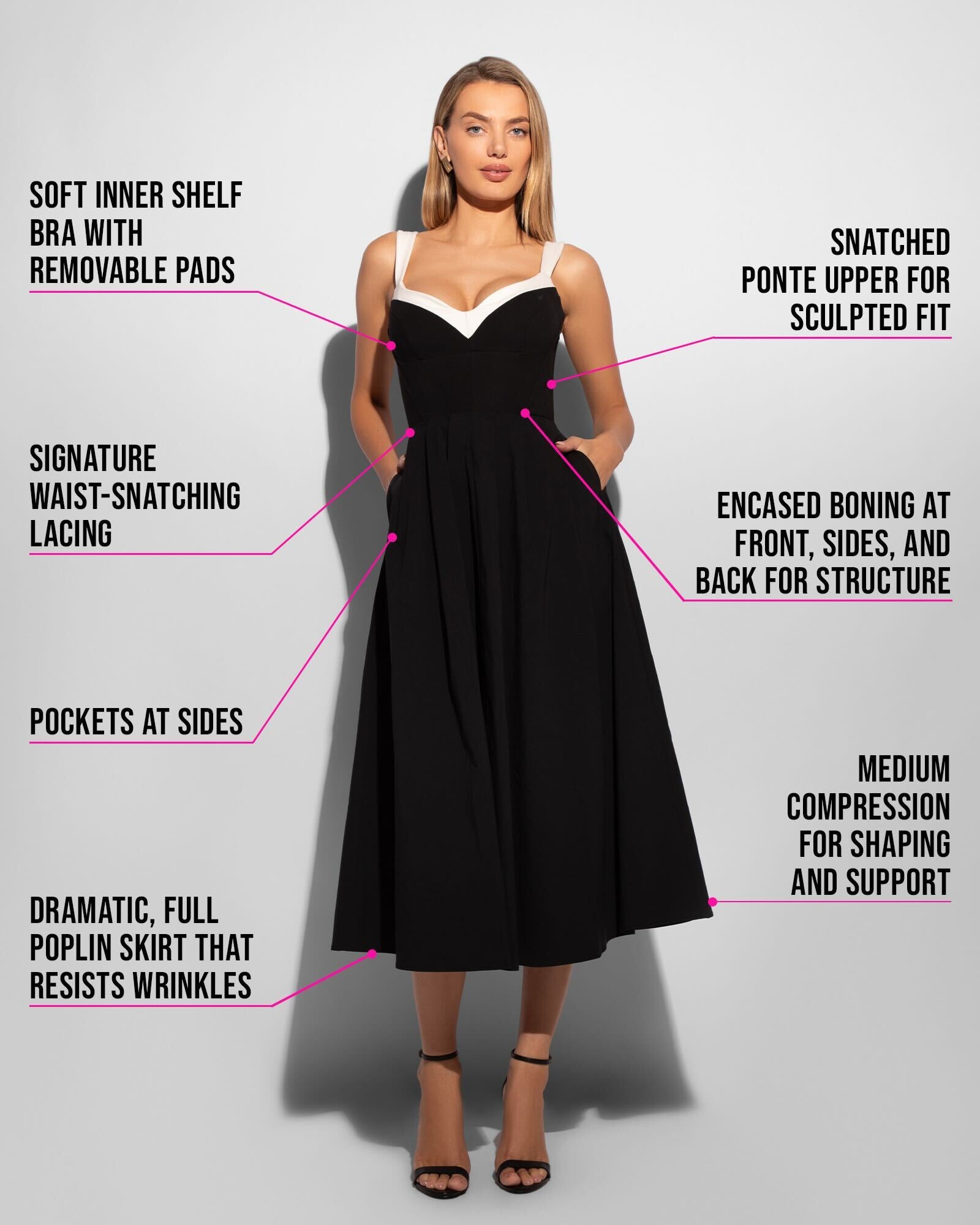 Poplin Fit & Flare Midi Shapewear Dress - Black/Ivory | TA3