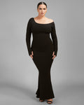 Scoopy Long Sleeve Rib Mermaid Dress - Black