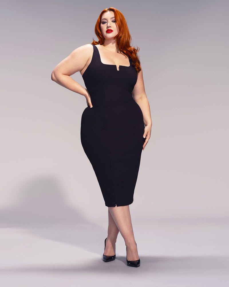 XL Size Model Wears Notchy Pencil Front Slit Shapewear Dress - Black Front View