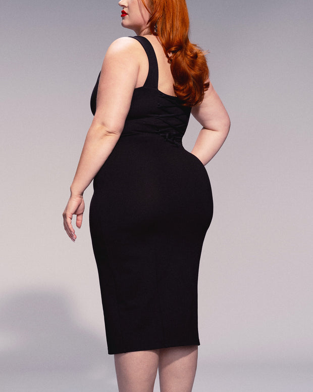 Notchy Pencil Front Slit Shapewear Dress - Black | TA3 Notchy Pencil Front Slit Shapewear Dress - Black | TA3