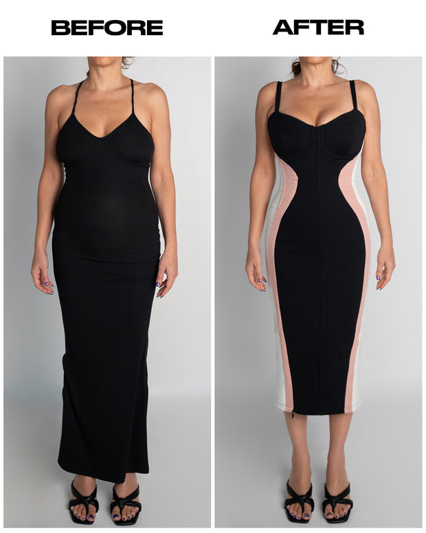 Before and after in Seamed Lushy Midi Dress - Contour Black/Rose/White
