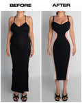 Before and after in Seamed Lushy Midi Dress - Contour Black/Rose/White