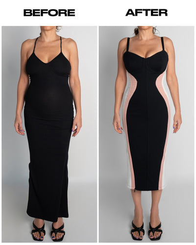Before and after in Seamed Lushy Midi Dress - Contour Black/Rose/White