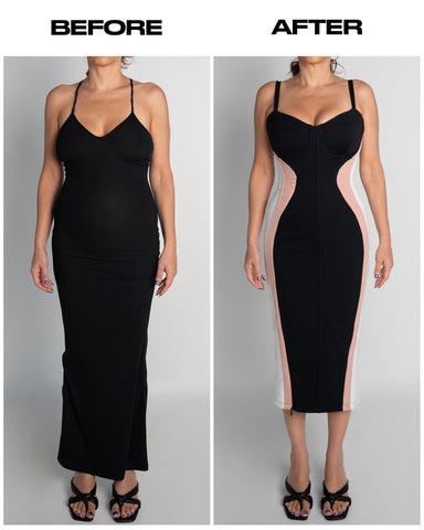 Before and after in Seamed Lushy Midi Dress - Contour Black/Rose/White