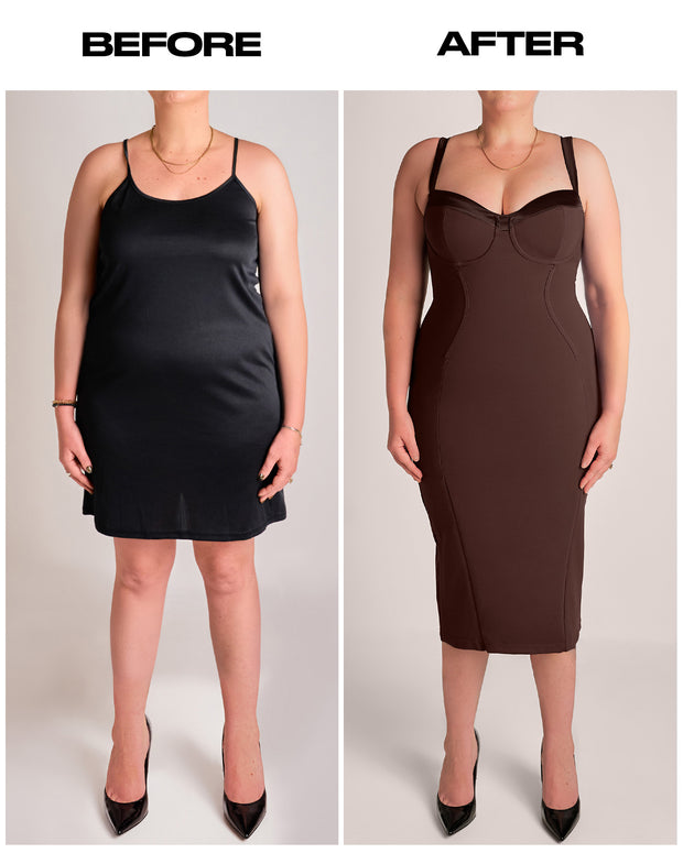 Before and after in seamed Lushy Midi Dress - Espresso Shine