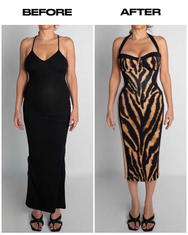 Seamed Lushy Halter Shapewear Midi Dress - Contour Golden Zebra | TA3 Seamed Lushy Halter Shapewear Midi Dress - Contour Golden Zebra | TA3
