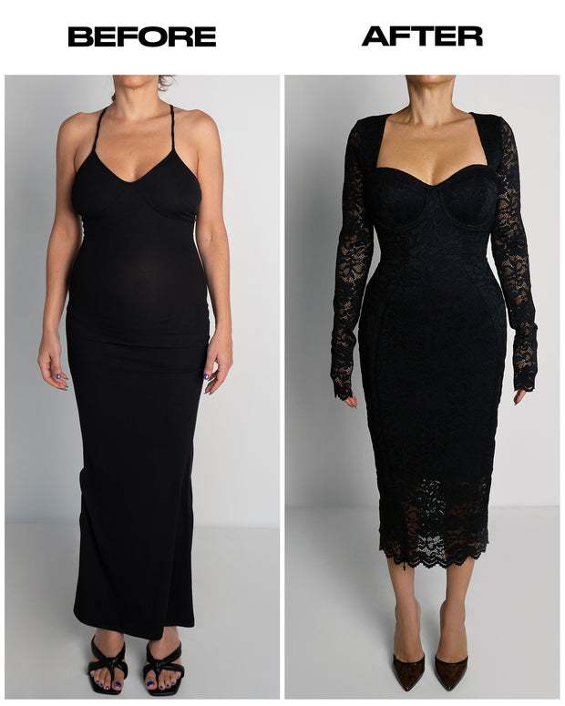 Seamed Lushy Long Sleeve Midi Shapewear Dress - Lace Black | TA3 Seamed Lushy Long Sleeve Midi Shapewear Dress - Lace Black | TA3