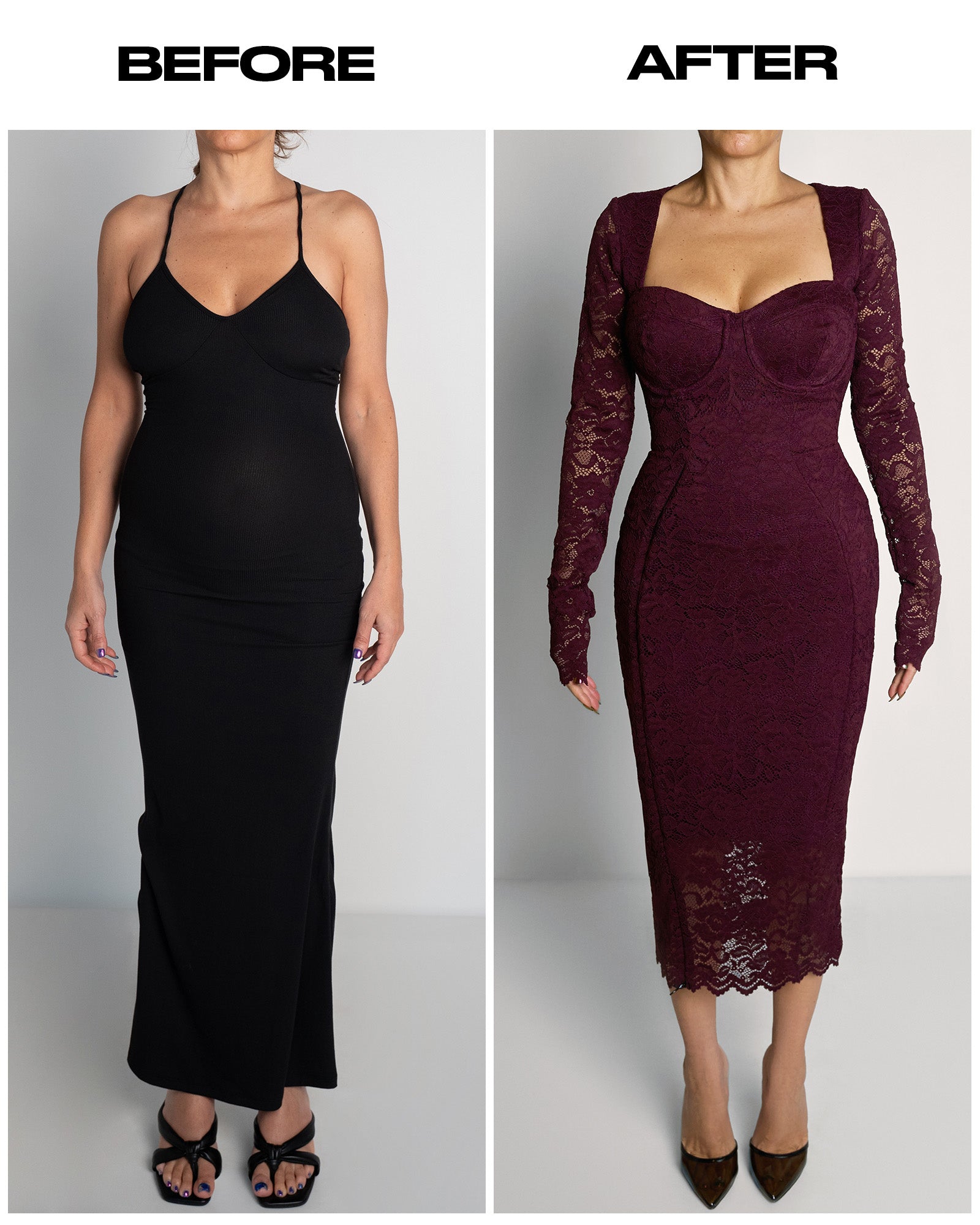 Seamed Lushy Long Sleeve Midi Shapewear Dress - Lace Garnet | TA3