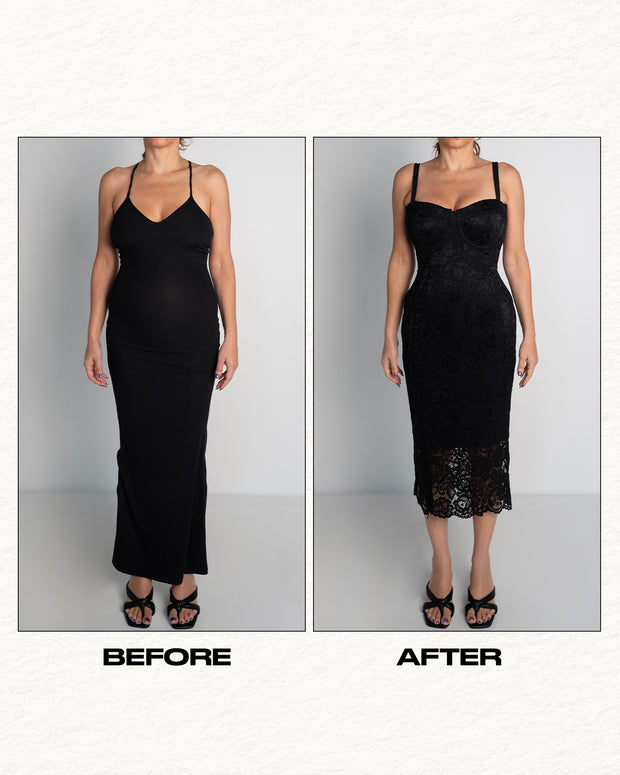 aqua women's lace midi dress product info and reviews Seamed Lushy Pencil Midi Shapewear Dress - Lace Black