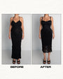 Before and after in Seamed Lushy Pencil Midi Shapewear Dress - Lace Black full front view
