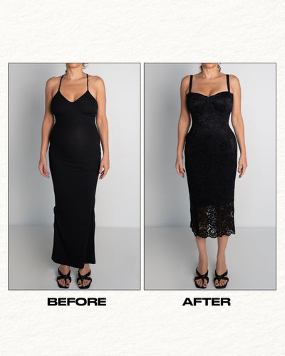 Before and after in Seamed Lushy Pencil Midi Shapewear Dress - Lace Black full front view