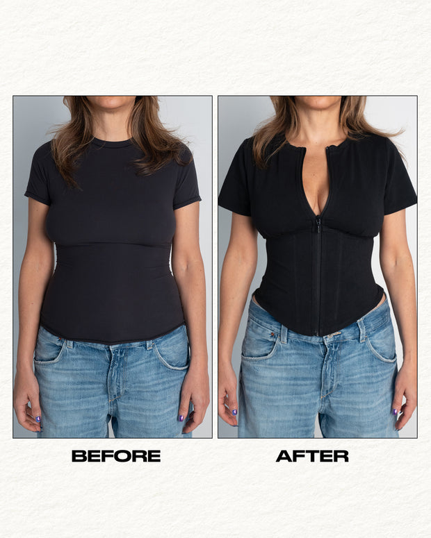 Before and after in Short Sleeve Corsety Sculpting Shapewear Top - Black