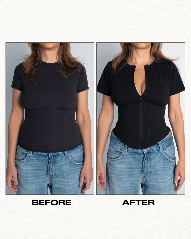 Before and after in Short Sleeve Corsety Sculpting Shapewear Top - Black
