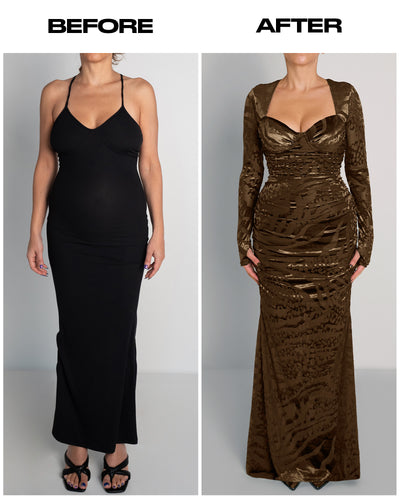 Before and after of Sweetie Long Sleeve Gown - Velvet Mesh Espresso