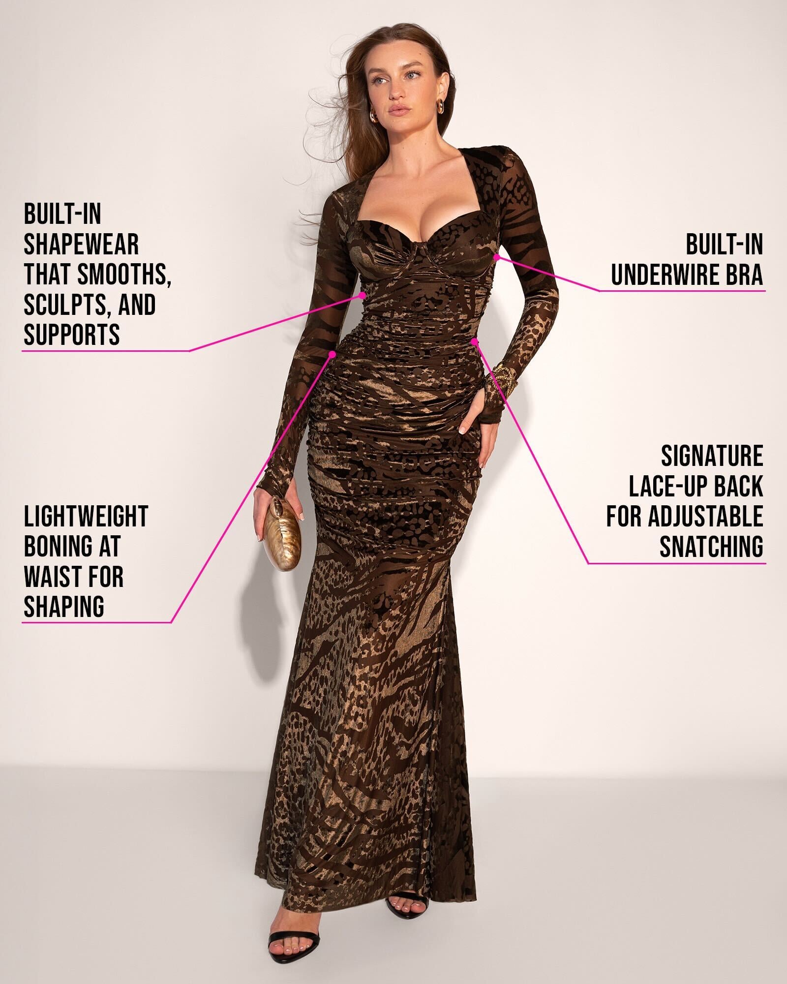 Sweetie Long Sleeve Shapewear Gown - Velvet Mesh Espresso | TA3