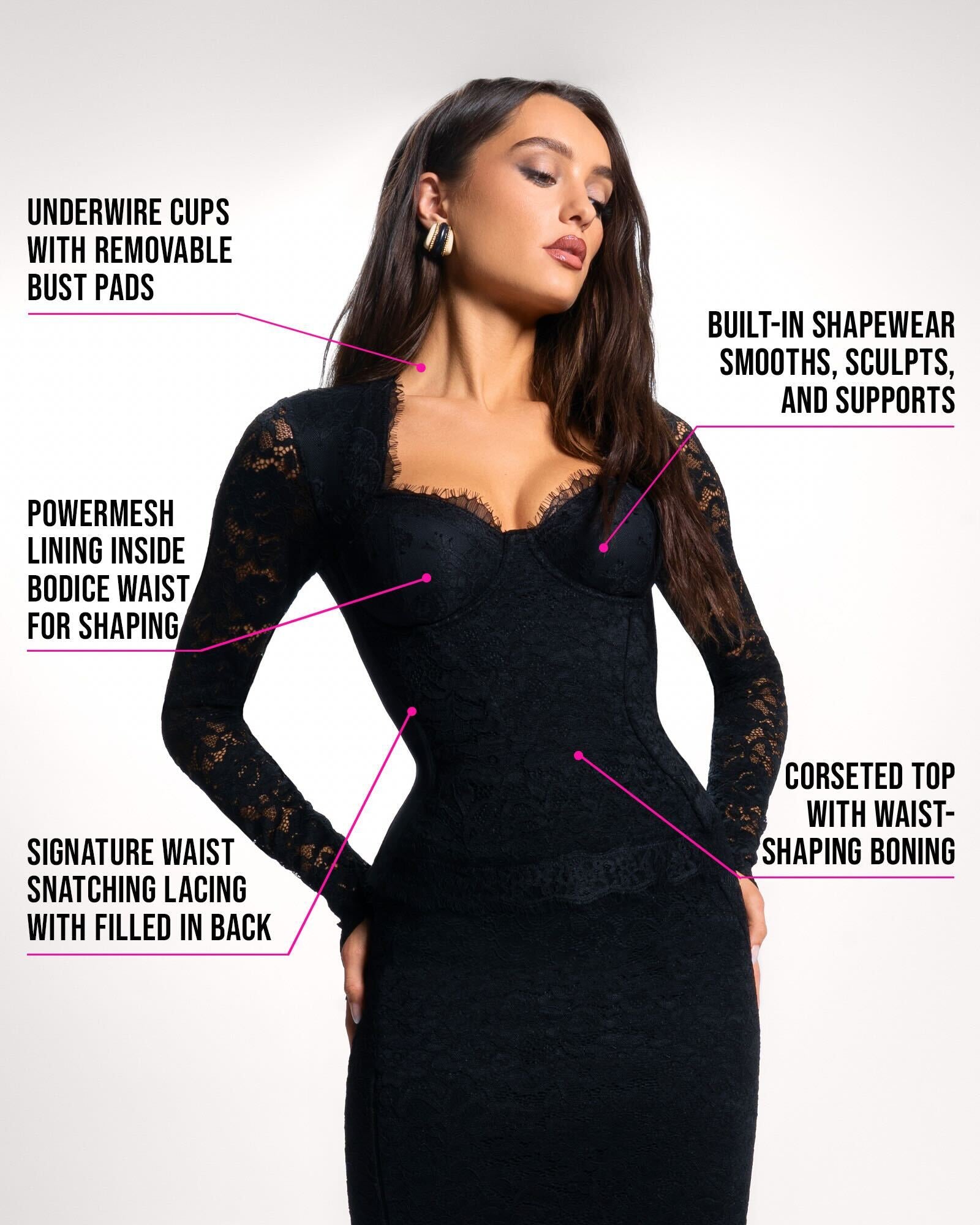 Sweetie Long Sleeve Sculpting Shapewear Top - Lace Black | TA3